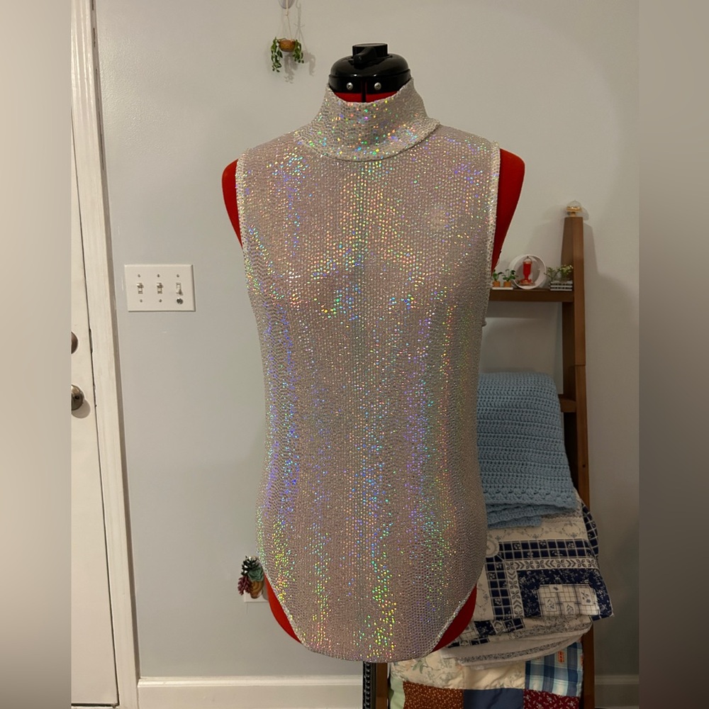 High neck holographic body suit, size L, NEVER WORN